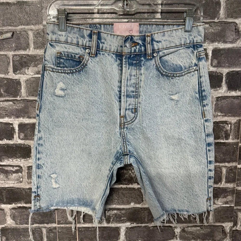 Revice Beverly Drive Button Fly Long Bermuda Denim Jean Shorts distressed
